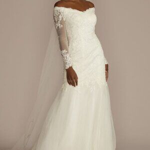 DAVID'S BRIDAL long sleeve lace mermaid off-shoulder wedding dress + veil